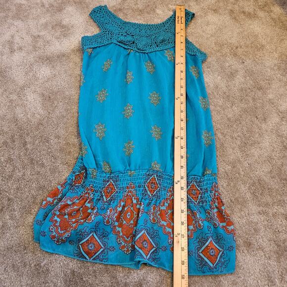 L8ter Size Small S Boho Tunic Top Blouse Crochet blue Orange Brown Sheer Indie - Picture 6 of 7